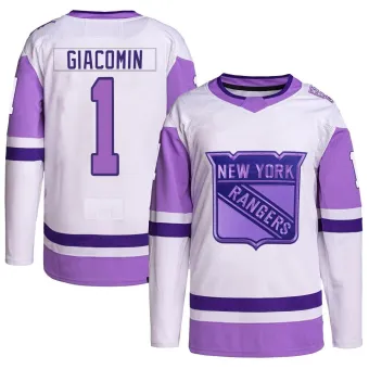Men's Eddie Giacomin New York Rangers Hockey Fights Cancer Primegreen Jersey - White/Purple Authentic